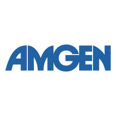 Logotipo azul de Amgen sobre fondo negro