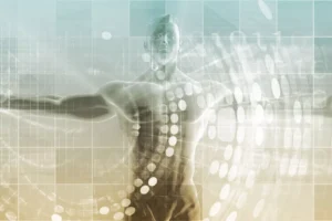 Figura masculina con superposición digital biomédica futurista