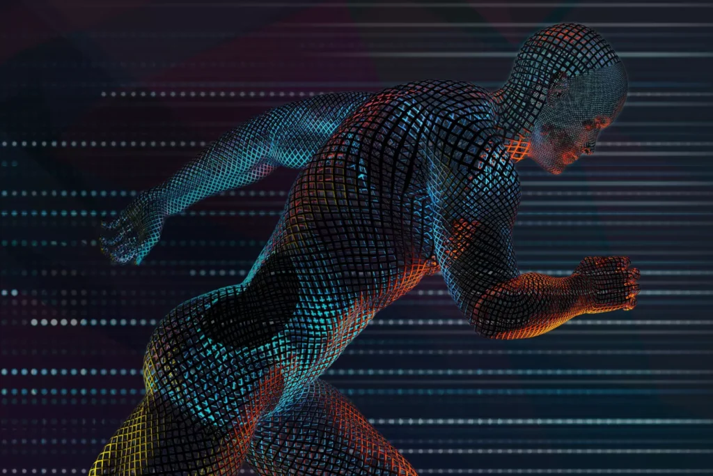 Figura humana digital corriendo en estilo wireframe
