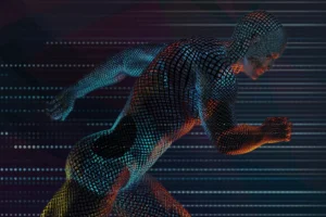 Figura humana digital corriendo en estilo wireframe