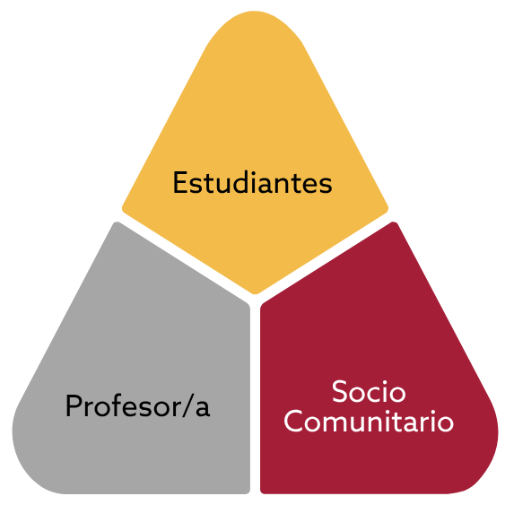 Diagrama triangular con estudiantes, profesor y socio comunitario