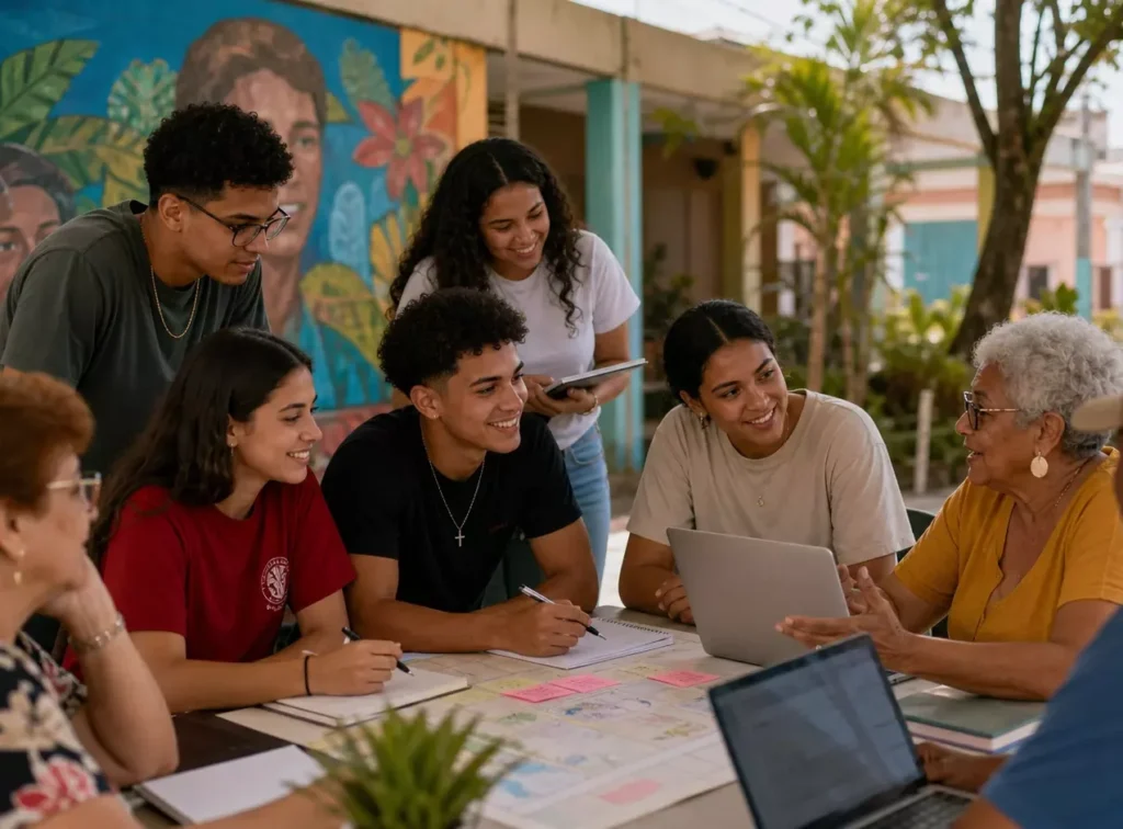 Grupo intergeneracional trabajando con portátil en mesa