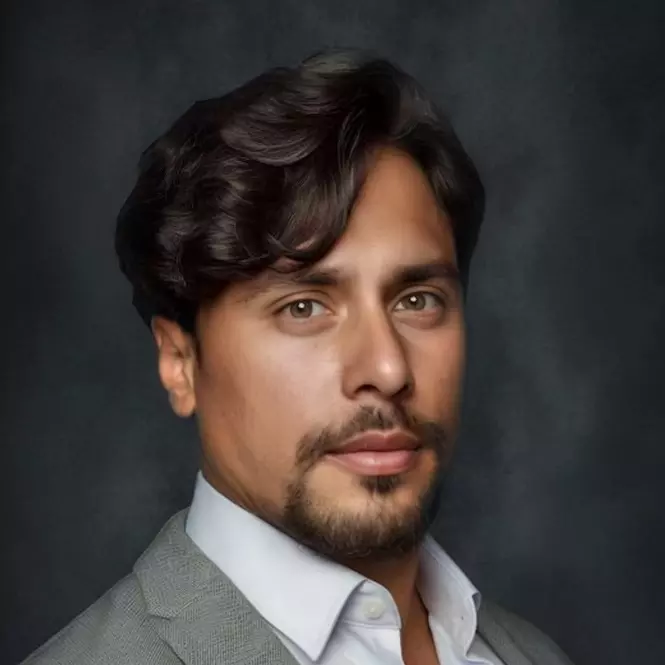 Retrato de hombre con traje gris y barba