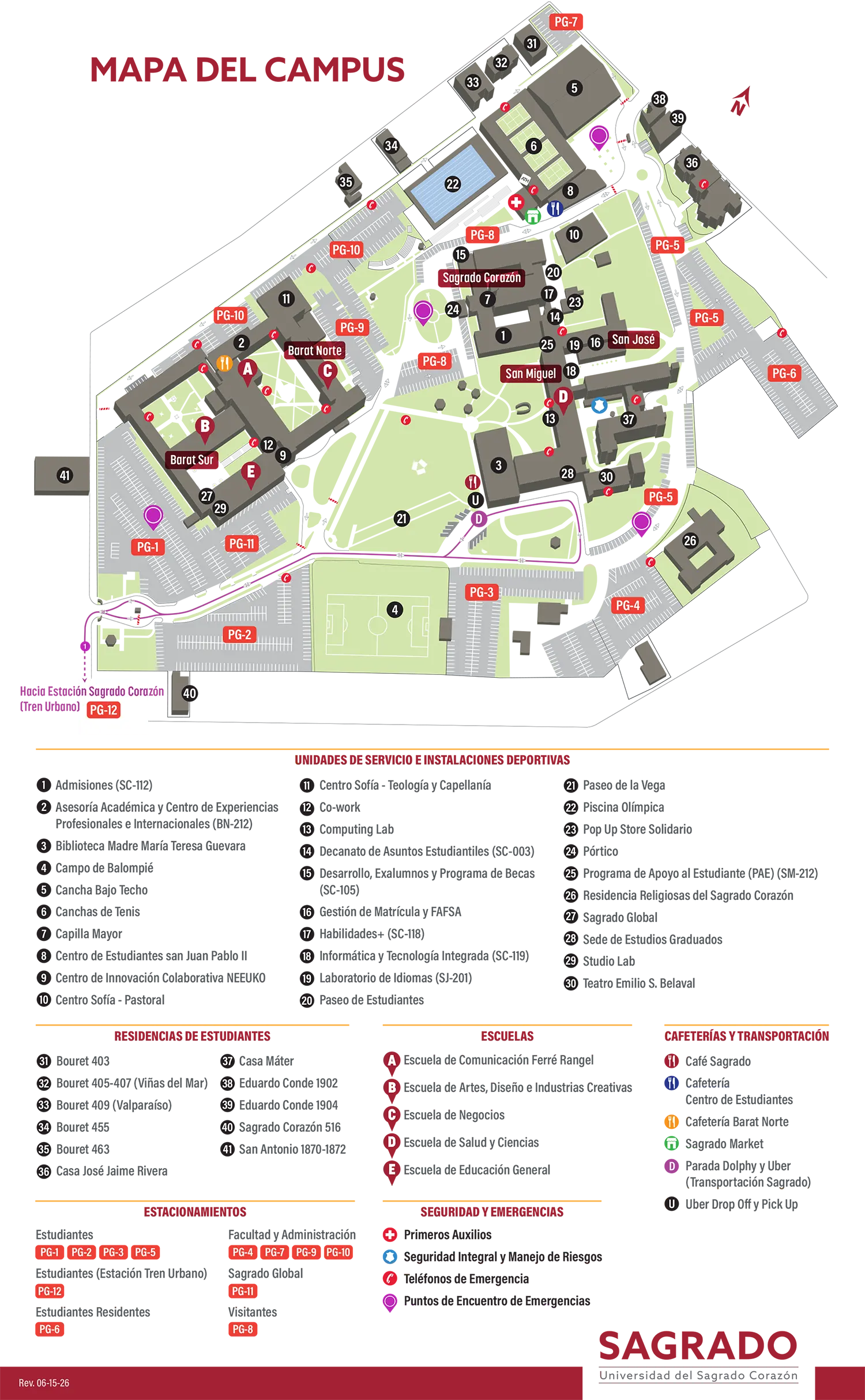 Mapa del campus Sagrado Corazón con edificios y aparcamientos