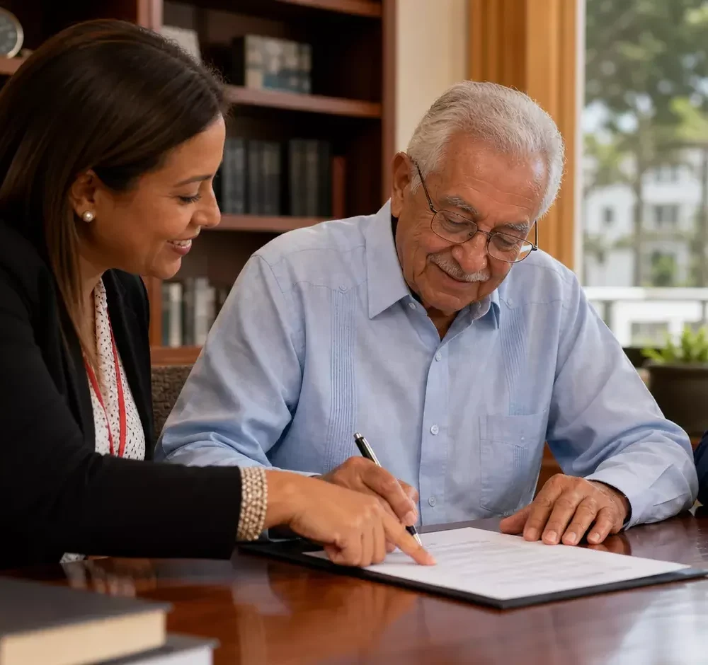 Mujer asesora a hombre mayor firmando documento